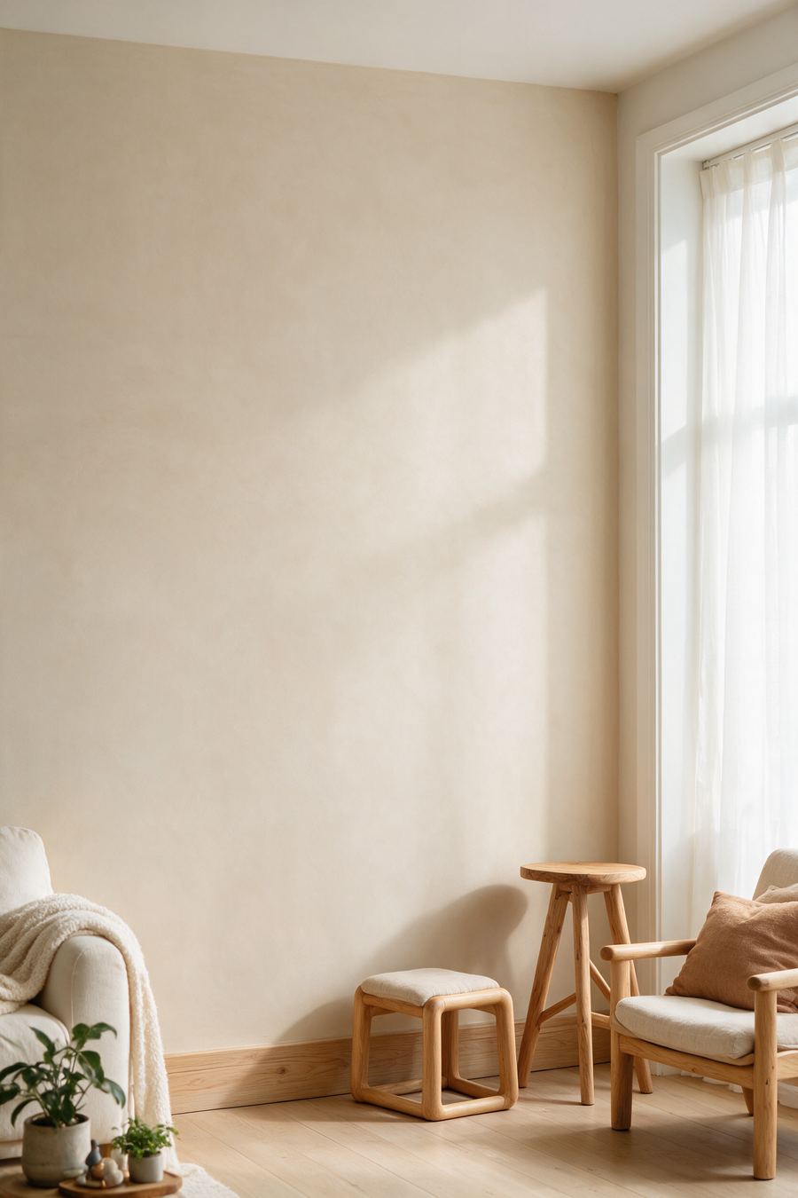 Sunlit room with arched limecoat plaster walls and niches