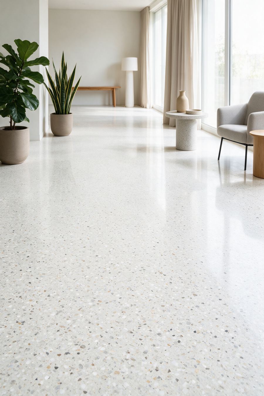 Polished terrazzo-effect flooring with fine aggregate